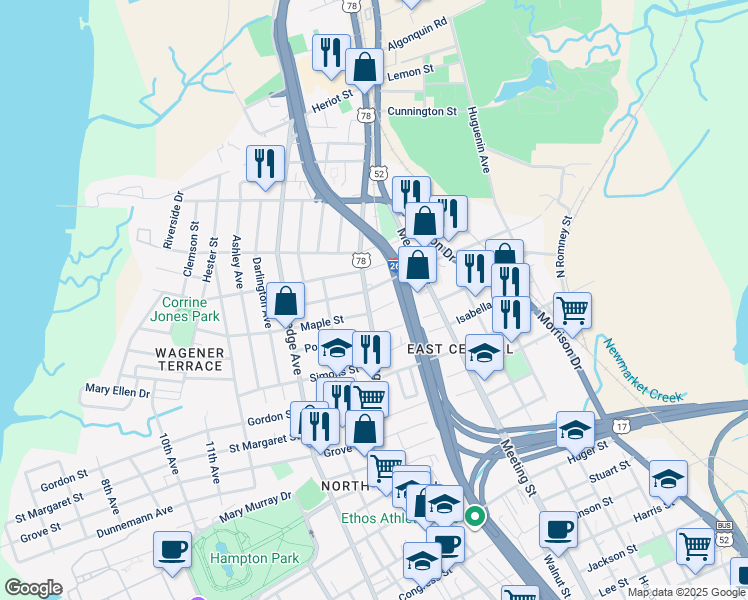 map of restaurants, bars, coffee shops, grocery stores, and more near 1157 King Street in Charleston