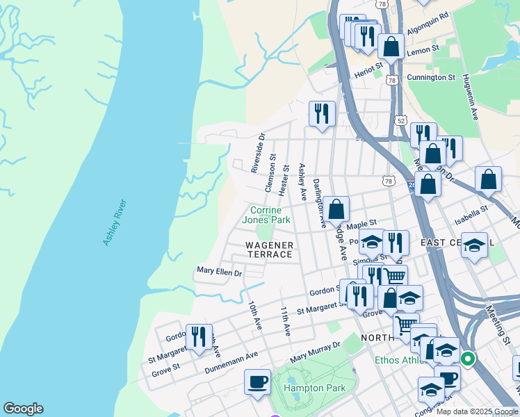 map of restaurants, bars, coffee shops, grocery stores, and more near 10 Clemson Street in Charleston