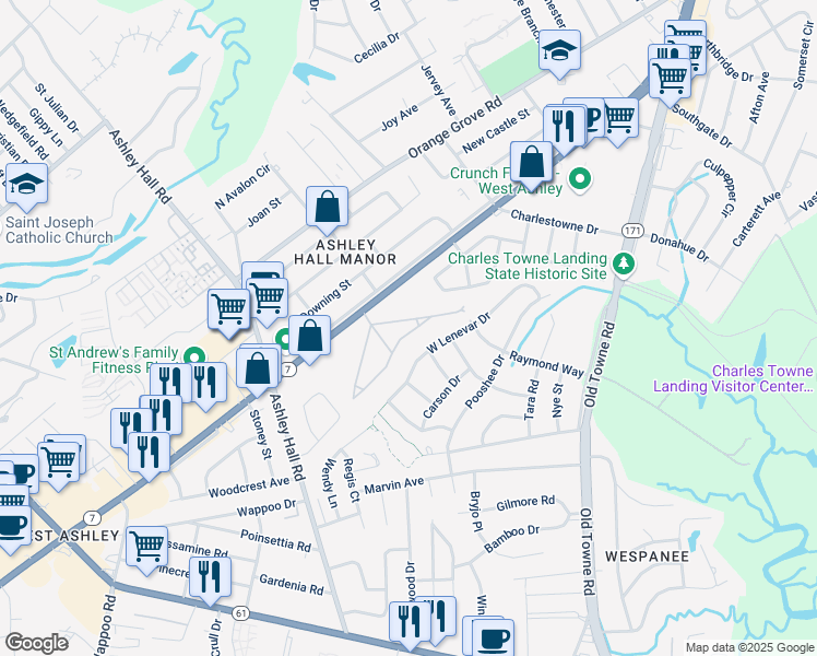 map of restaurants, bars, coffee shops, grocery stores, and more near 1527 Sam Rittenberg Boulevard in Charleston