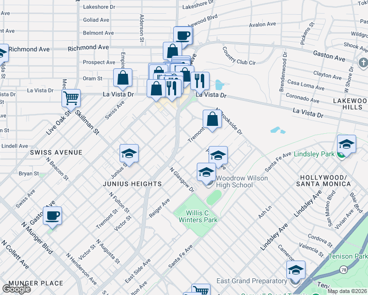 map of restaurants, bars, coffee shops, grocery stores, and more near 6110 Worth Street in Dallas