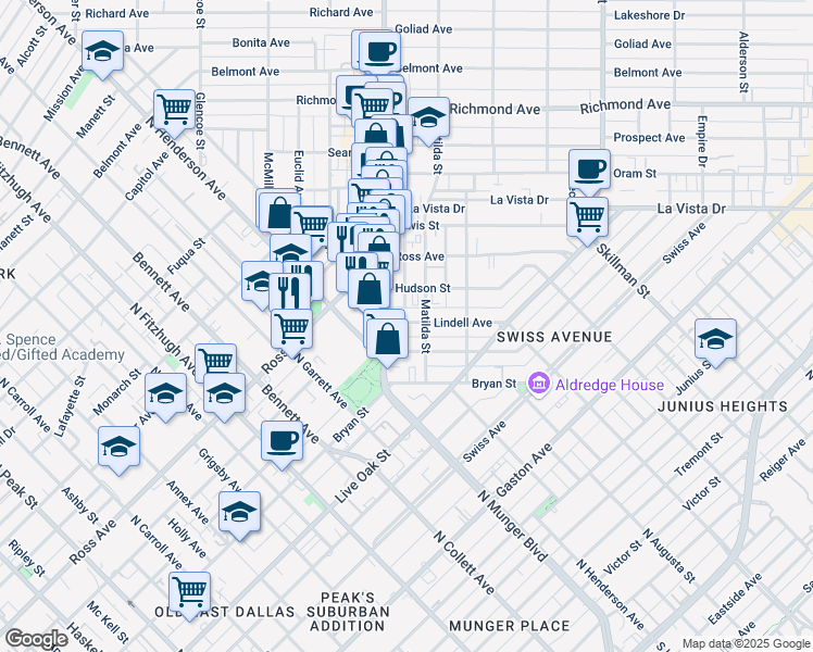 map of restaurants, bars, coffee shops, grocery stores, and more near 5512 Hudson Street in Dallas
