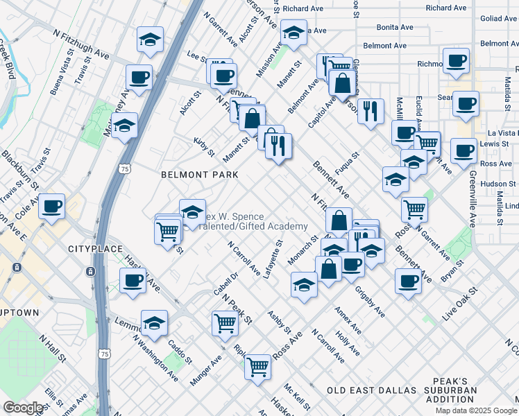 map of restaurants, bars, coffee shops, grocery stores, and more near 2324 Kirby Street in Dallas