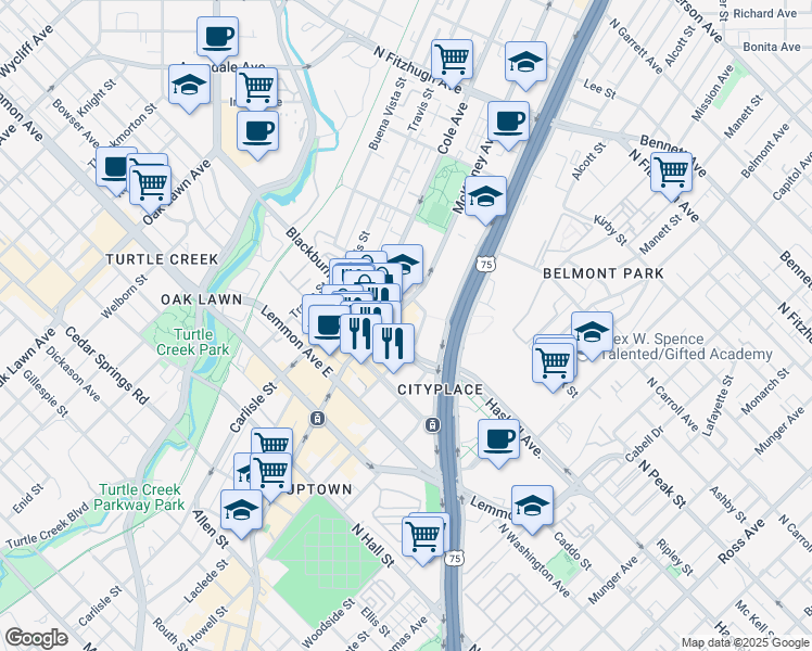map of restaurants, bars, coffee shops, grocery stores, and more near 3100 North Haskell Avenue in Dallas