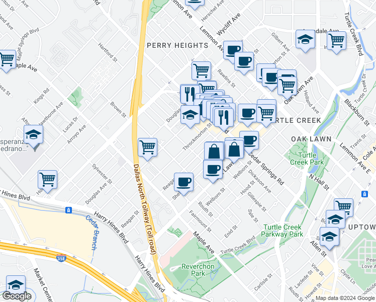 map of restaurants, bars, coffee shops, grocery stores, and more near 2816 Throckmorton Street in Dallas