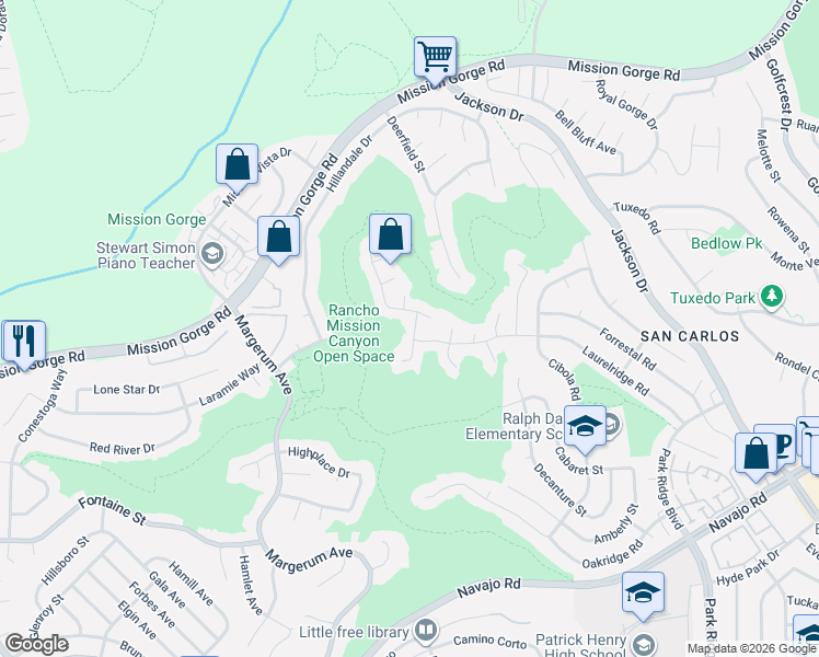 map of restaurants, bars, coffee shops, grocery stores, and more near 8358 Ridge Route Road in San Diego