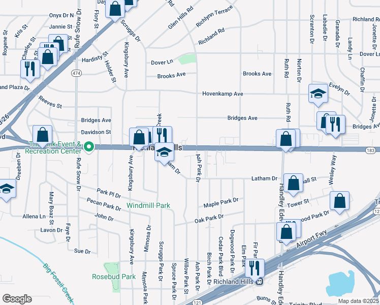 map of restaurants, bars, coffee shops, grocery stores, and more near 7085 Baker Boulevard in Richland Hills