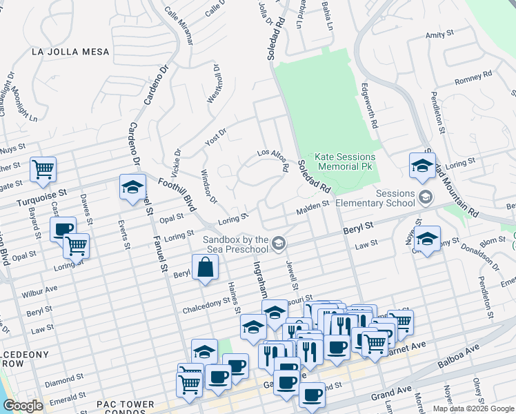 map of restaurants, bars, coffee shops, grocery stores, and more near Loring Street in San Diego