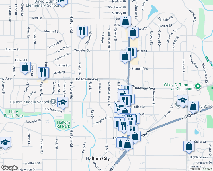 map of restaurants, bars, coffee shops, grocery stores, and more near 3236 Meadow Oaks Drive in Haltom City