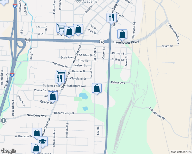 map of restaurants, bars, coffee shops, grocery stores, and more near 2806 Blount Street in Macon