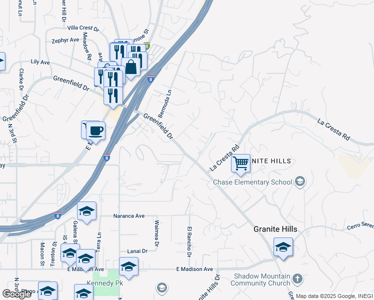 map of restaurants, bars, coffee shops, grocery stores, and more near 1860 Greenfield Drive in El Cajon
