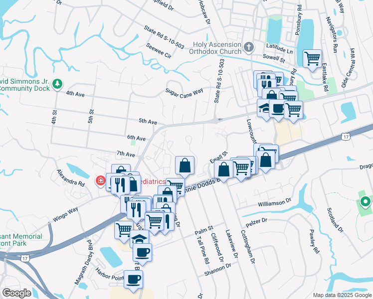 map of restaurants, bars, coffee shops, grocery stores, and more near 800 Runaway Bay Lane in Mount Pleasant