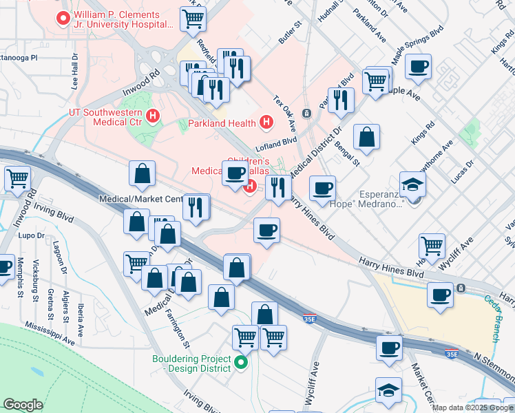 map of restaurants, bars, coffee shops, grocery stores, and more near Medical District Drive in Dallas