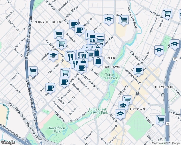 map of restaurants, bars, coffee shops, grocery stores, and more near 3625 North Hall Street in Dallas
