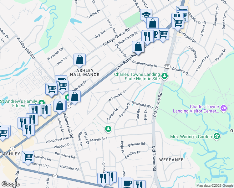 map of restaurants, bars, coffee shops, grocery stores, and more near 1343 Trailmore Drive in Charleston