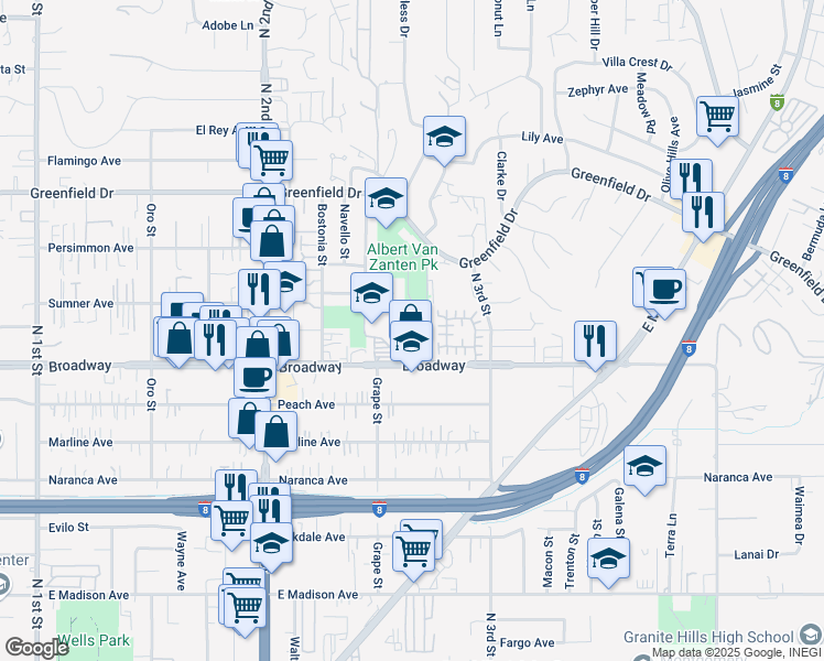 map of restaurants, bars, coffee shops, grocery stores, and more near 960 Coleen Court in El Cajon