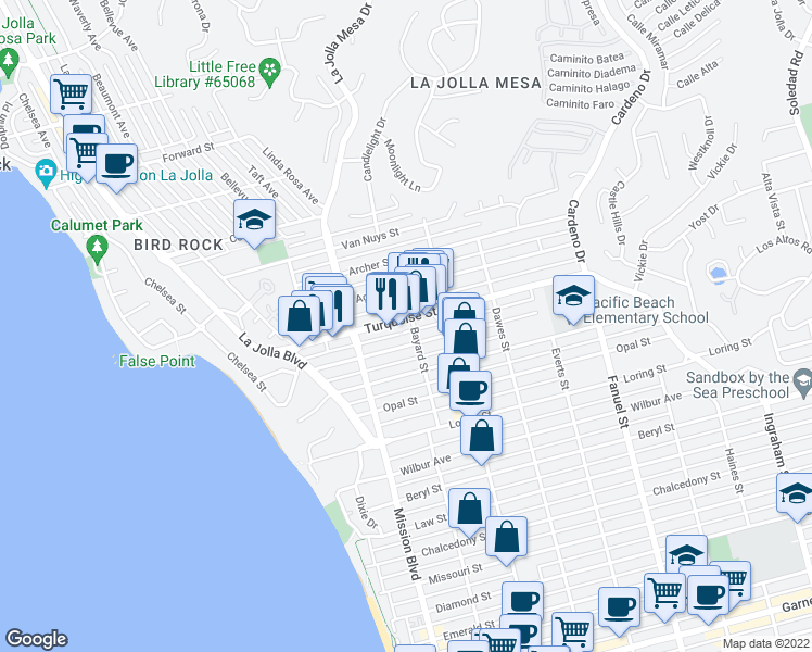 map of restaurants, bars, coffee shops, grocery stores, and more near 954 Turquoise Street in San Diego