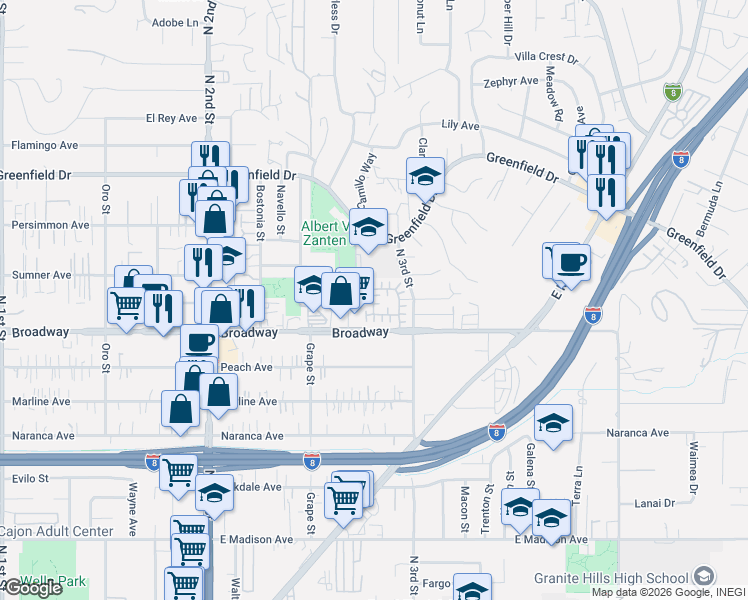 map of restaurants, bars, coffee shops, grocery stores, and more near 972 Teatro Circle in El Cajon