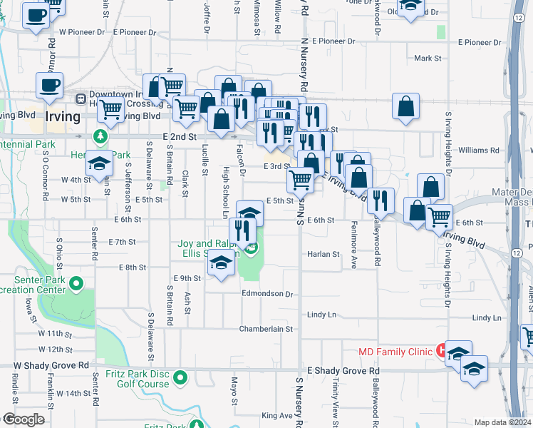 map of restaurants, bars, coffee shops, grocery stores, and more near 817 East 6th Street in Irving