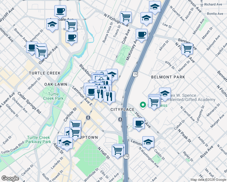 map of restaurants, bars, coffee shops, grocery stores, and more near 3000 Blackburn Street in Dallas