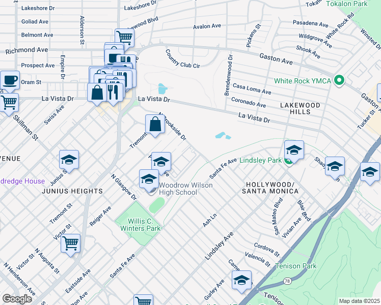 map of restaurants, bars, coffee shops, grocery stores, and more near 101 North Brookside Drive in Dallas