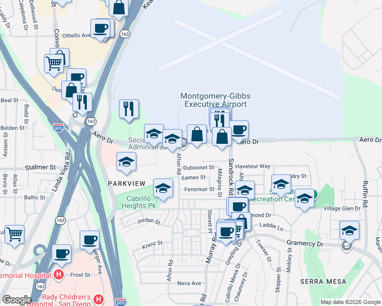 map of restaurants, bars, coffee shops, grocery stores, and more near 8555 Aero Drive in San Diego