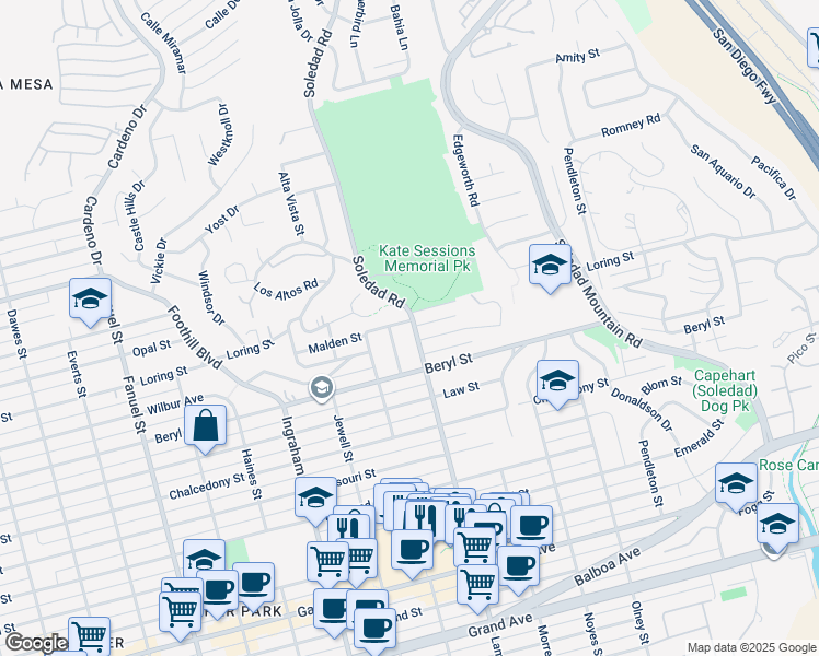 map of restaurants, bars, coffee shops, grocery stores, and more near 1897 Malden Street in San Diego