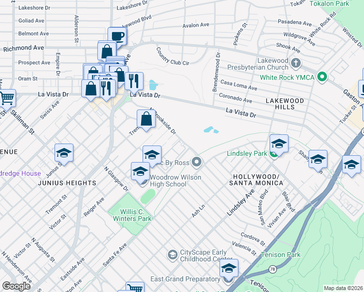 map of restaurants, bars, coffee shops, grocery stores, and more near 101 North Brookside Drive in Dallas