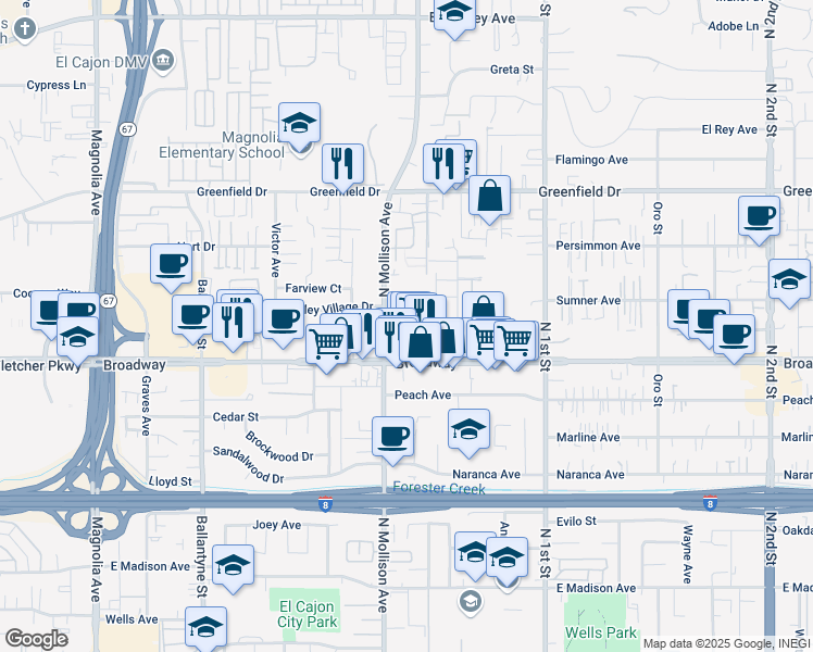 map of restaurants, bars, coffee shops, grocery stores, and more near 1029 North Mollison Avenue in El Cajon