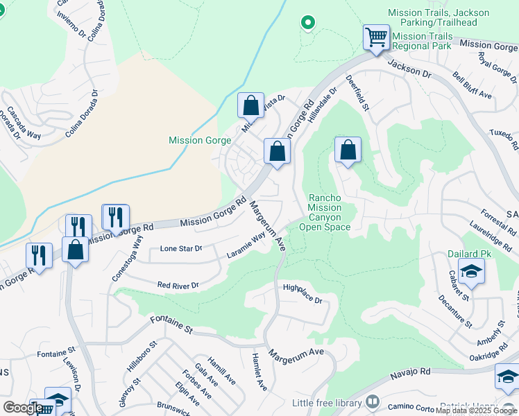map of restaurants, bars, coffee shops, grocery stores, and more near 7707 Mission Gorge Road in San Diego