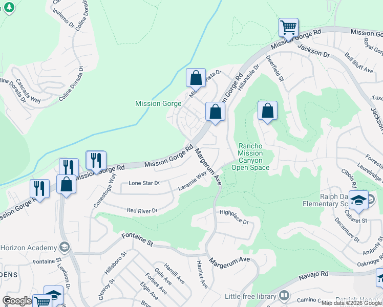 map of restaurants, bars, coffee shops, grocery stores, and more near 7707 Mission Gorge Road in San Diego