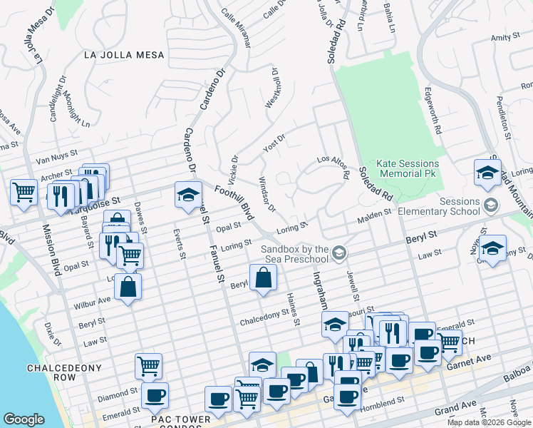 map of restaurants, bars, coffee shops, grocery stores, and more near 5052 Windsor Drive in San Diego