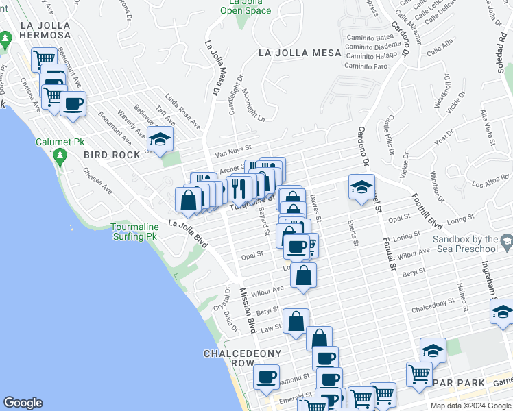 map of restaurants, bars, coffee shops, grocery stores, and more near 954 Turquoise Street in San Diego