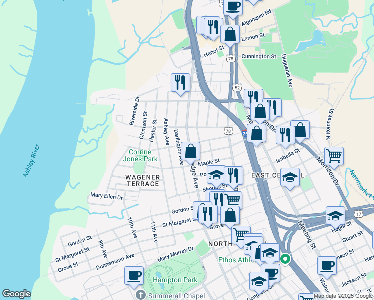 map of restaurants, bars, coffee shops, grocery stores, and more near 888 Rutledge Avenue in Charleston