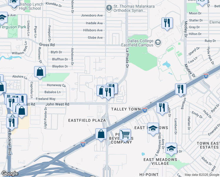 map of restaurants, bars, coffee shops, grocery stores, and more near 7431 La Prada Drive in Dallas