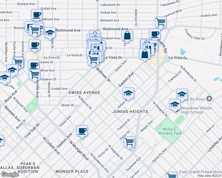 map of restaurants, bars, coffee shops, grocery stores, and more near in Dallas