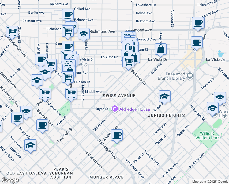 map of restaurants, bars, coffee shops, grocery stores, and more near 6035 Bryan Parkway in Dallas