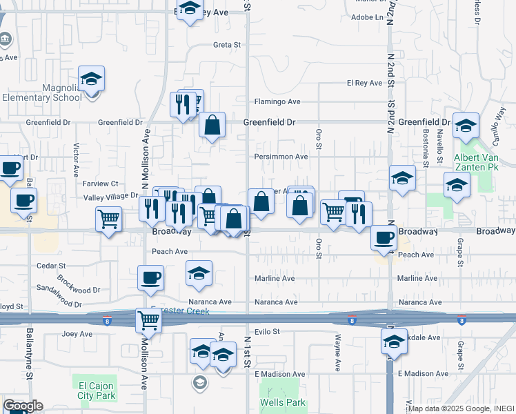 map of restaurants, bars, coffee shops, grocery stores, and more near 1115 Sumner Avenue in El Cajon