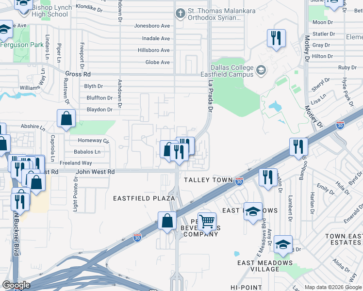 map of restaurants, bars, coffee shops, grocery stores, and more near 7431 La Prada Drive in Dallas