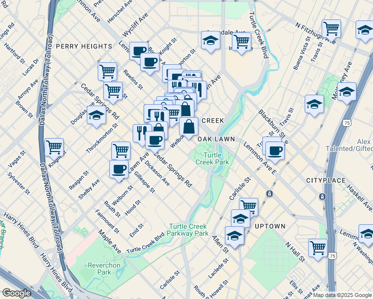map of restaurants, bars, coffee shops, grocery stores, and more near 3333 Rawlins Street in Dallas