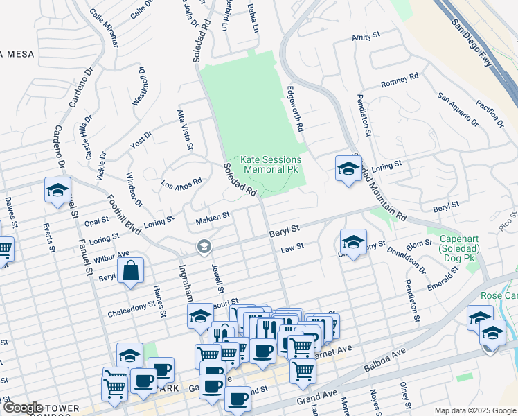 map of restaurants, bars, coffee shops, grocery stores, and more near 1897 Malden Street in San Diego