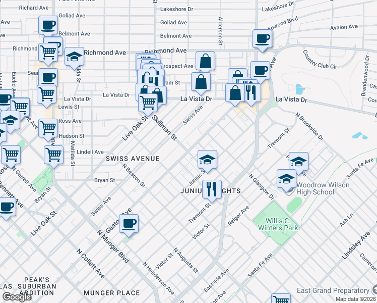 map of restaurants, bars, coffee shops, grocery stores, and more near Skillman St & Gaston Ave in Dallas
