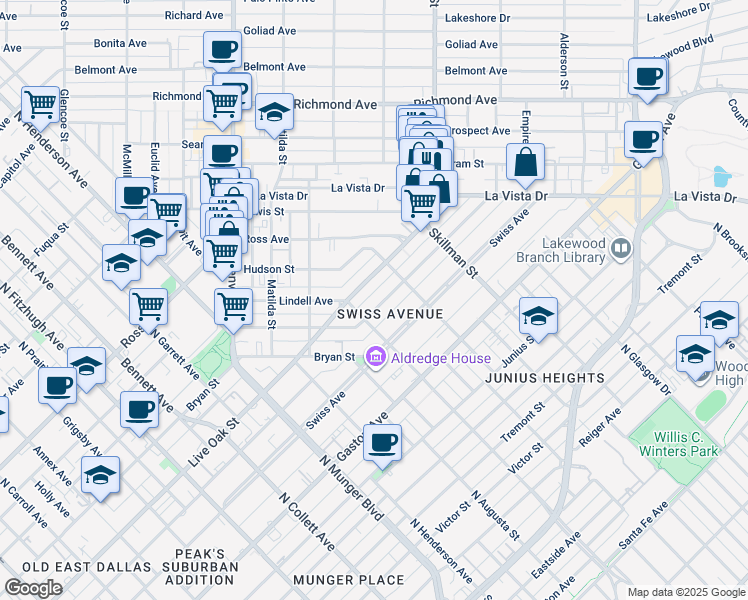 map of restaurants, bars, coffee shops, grocery stores, and more near 6035 Bryan Parkway in Dallas
