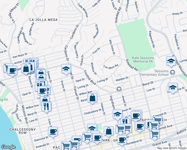 map of restaurants, bars, coffee shops, grocery stores, and more near 5052 Windsor Drive in San Diego
