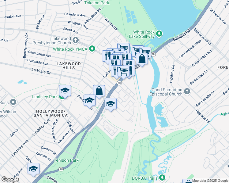 map of restaurants, bars, coffee shops, grocery stores, and more near 7414 East Grand Avenue in Dallas