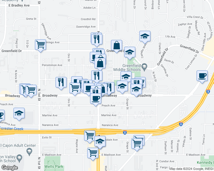 map of restaurants, bars, coffee shops, grocery stores, and more near 1326 Wendell Cutting Court in El Cajon