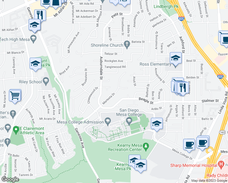 map of restaurants, bars, coffee shops, grocery stores, and more near 3558 Marlesta Drive in San Diego