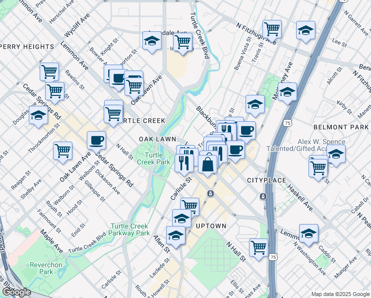 map of restaurants, bars, coffee shops, grocery stores, and more near 3510 Turtle Creek Boulevard in Dallas
