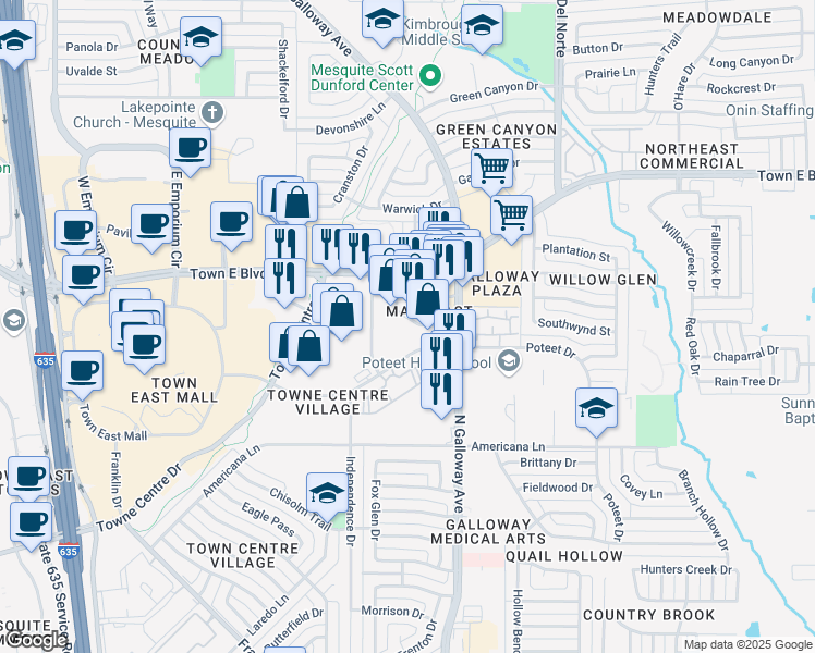 map of restaurants, bars, coffee shops, grocery stores, and more near 1220 North Town East Boulevard in Mesquite