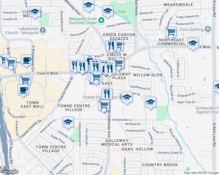 map of restaurants, bars, coffee shops, grocery stores, and more near 3236 North Galloway Avenue in Mesquite