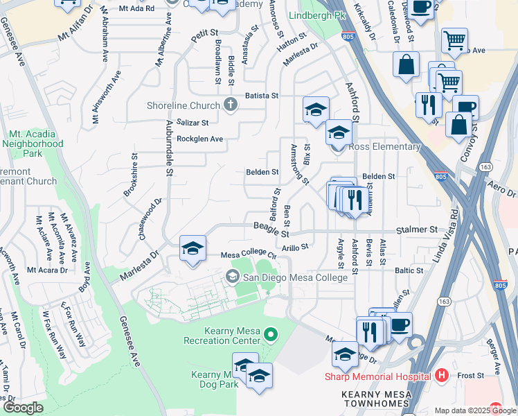 map of restaurants, bars, coffee shops, grocery stores, and more near 7142 Frakes Street in San Diego